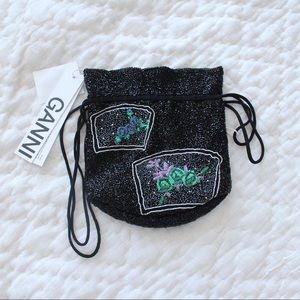 ✨NWT Ganni Hand Beaded Embellished Bucket Bag Pouch Purse Black Drawstring✨